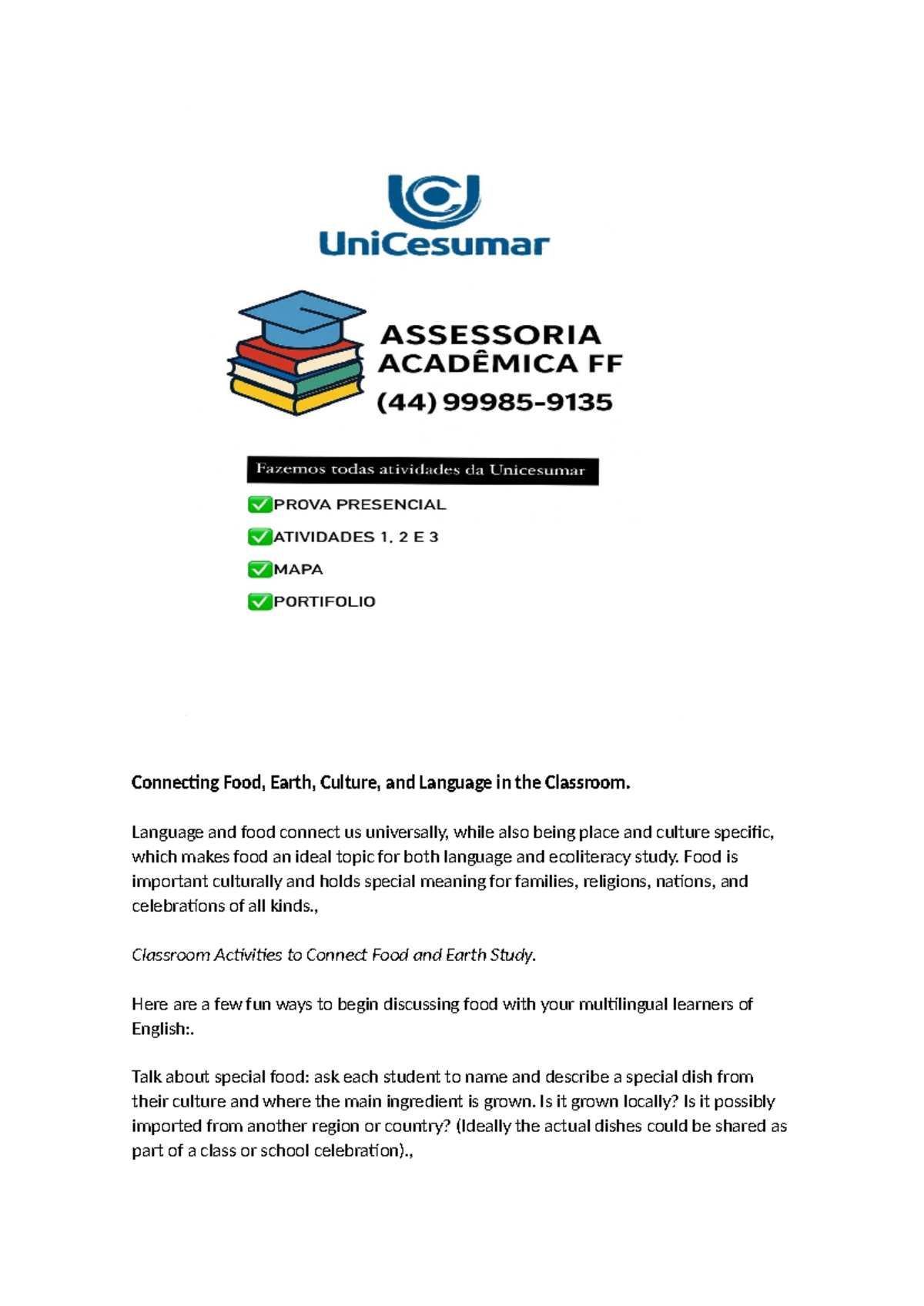 Connecting Food, Culture, and Language in the Classroom Activities ...