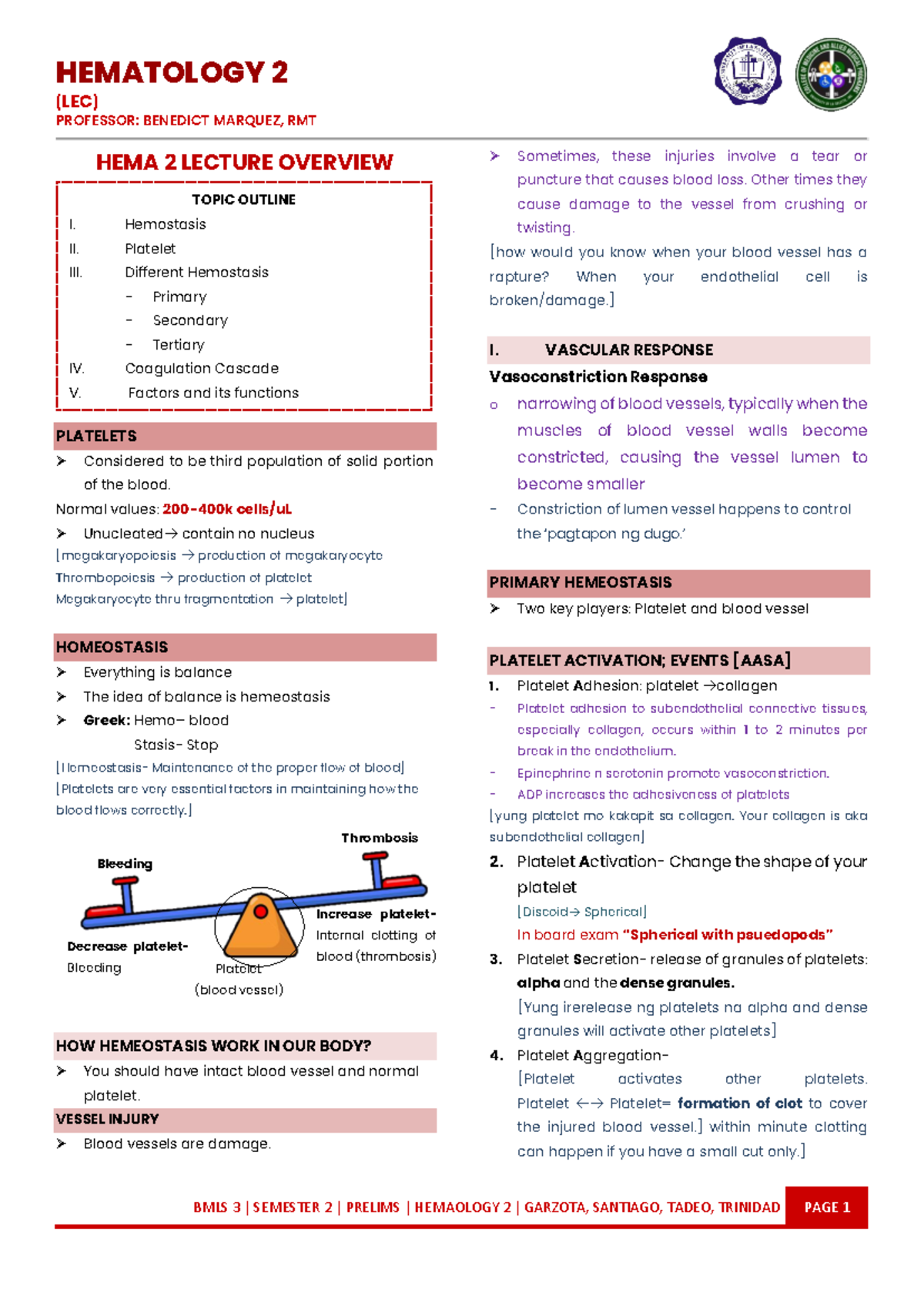 BMLS 3 Hematology 2 Lecture Notes: Hemostasis and Platelets Overview ...