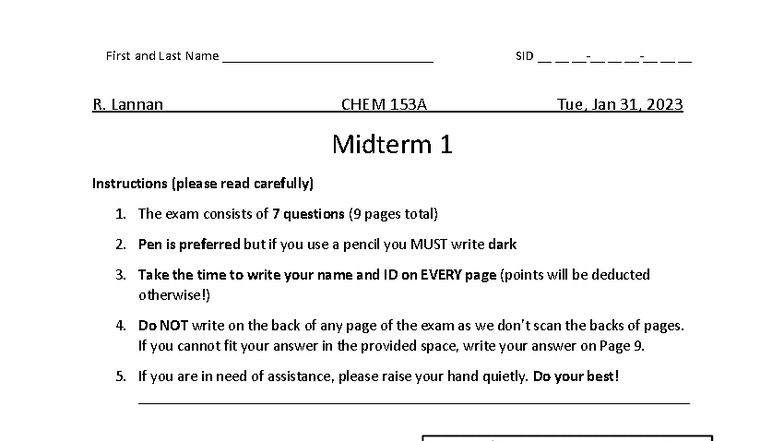 Chem 153A - Midterm 1 Solutions by R. Lannan - Studocu
