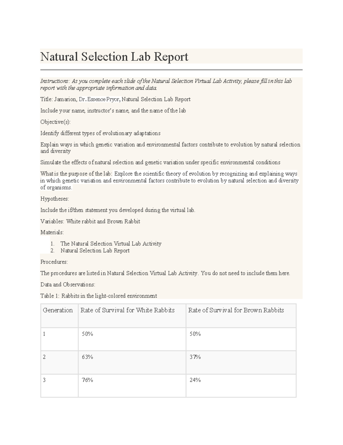 Natural Selection Lab Report (BIO 101) - Observations & Data Analysis ...