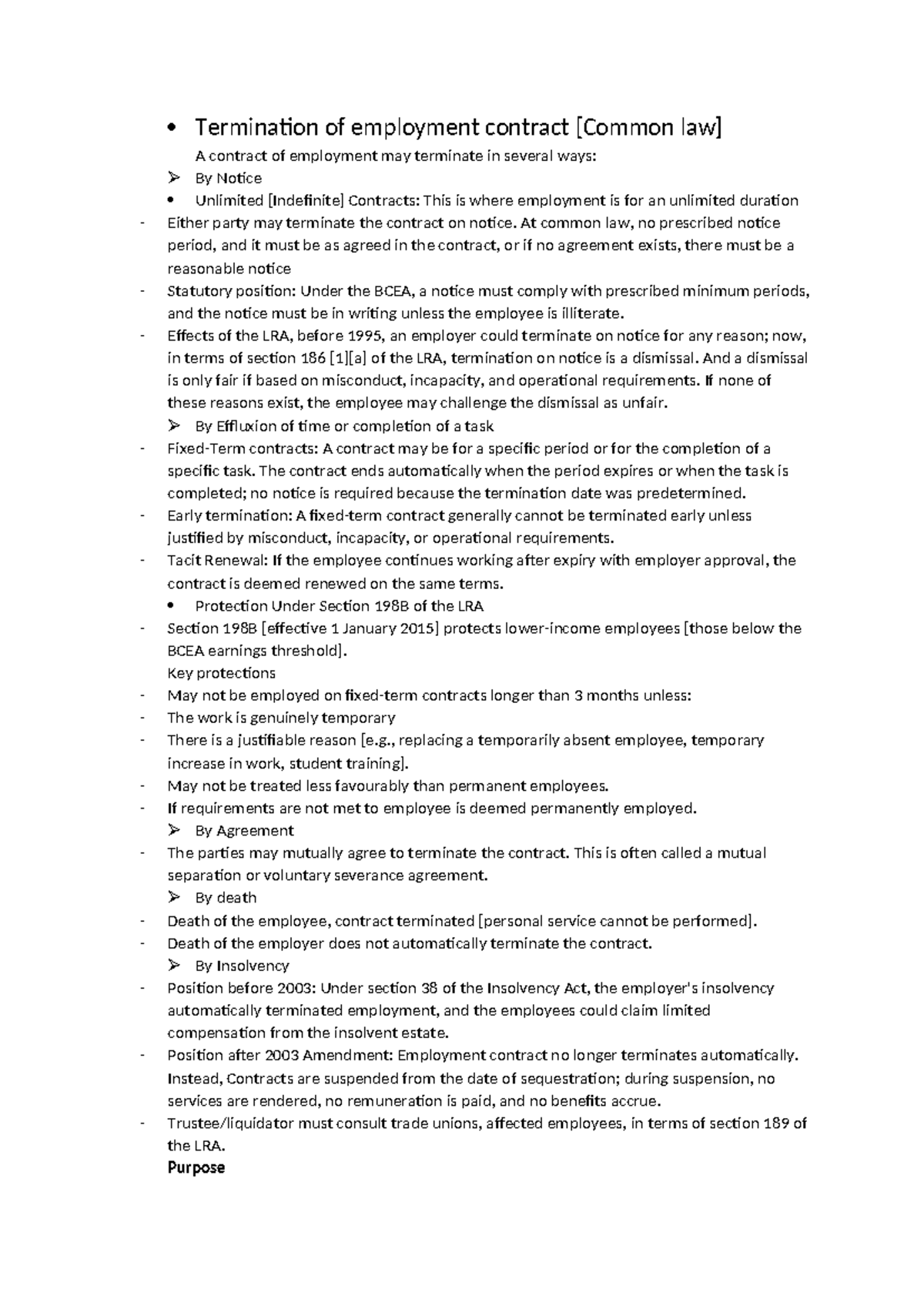 Sources of Labour Law II: Termination of Employment Contracts - Studocu