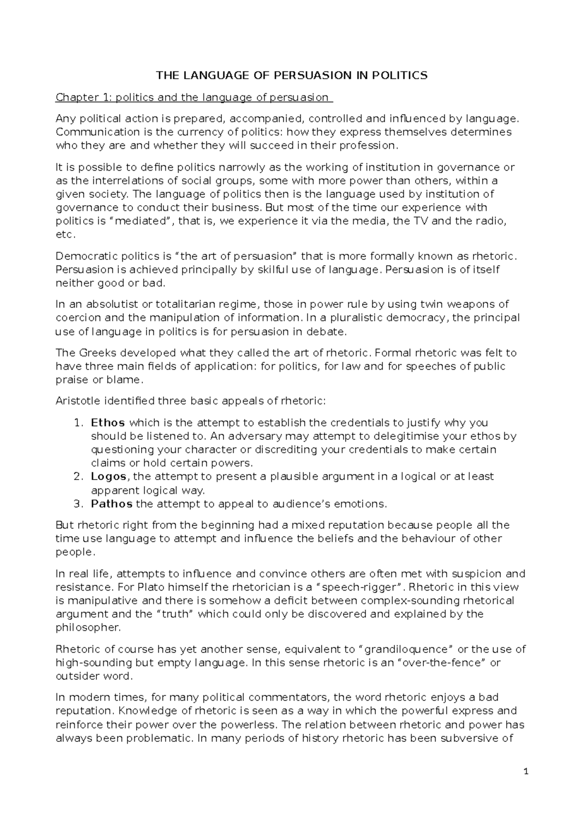 The Language of Persuasion in Politics: Chapter 1 Overview - Studocu