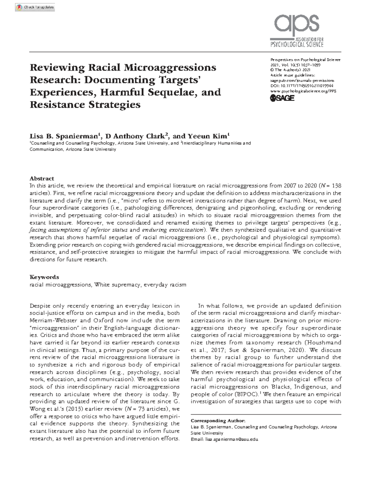 1019944 Final Exam: Reviewing Racial Microaggressions Research Insights ...
