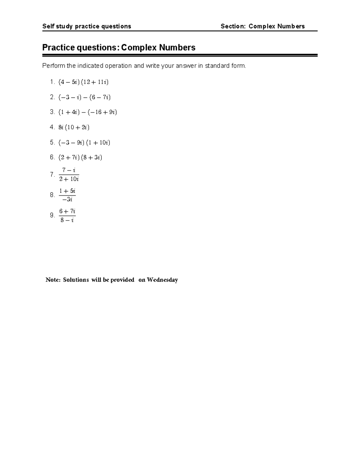Complex number Self study questions-21co - EMA158S - Self study ...