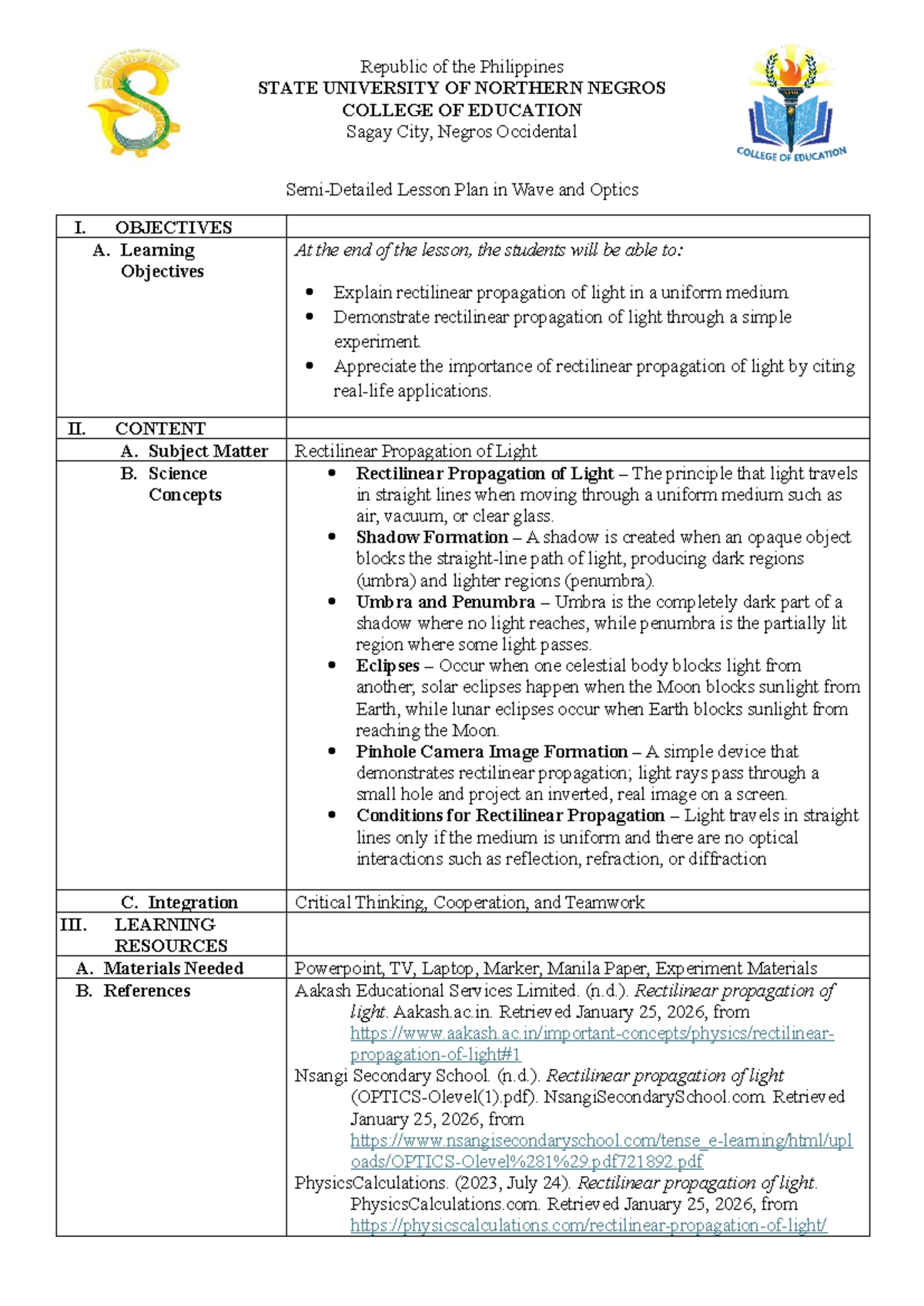 BSED Science 3A Lesson Plan: Rectilinear Propagation of Light - Studocu