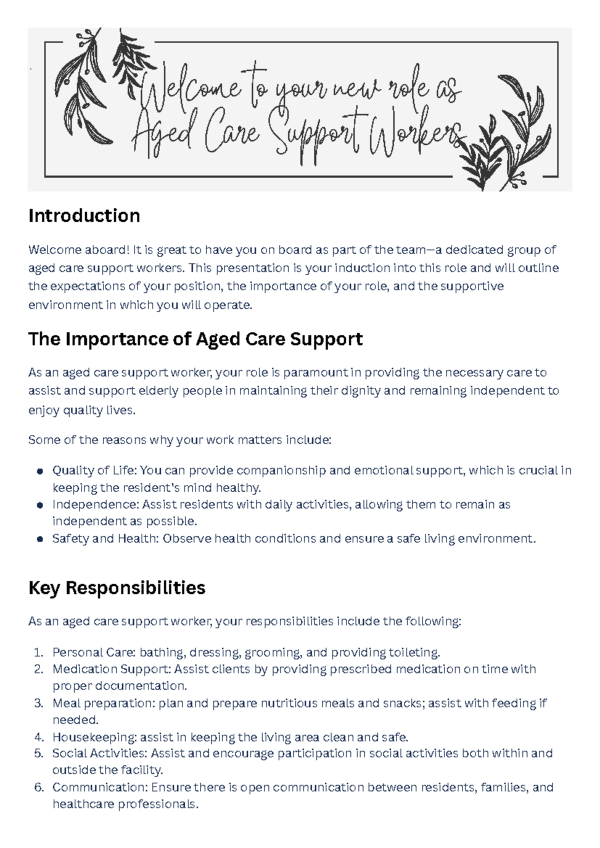 Welcome to Your New Role as Aged Care Support Workers - Introduction ...