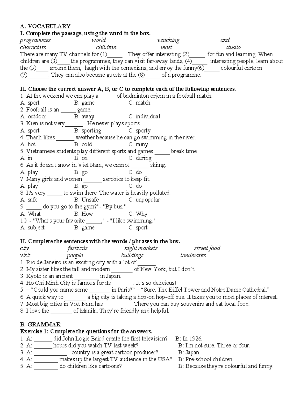 E6 U789 Mar 10 - English 6 Vocabulary and Grammar Exercises - Studocu