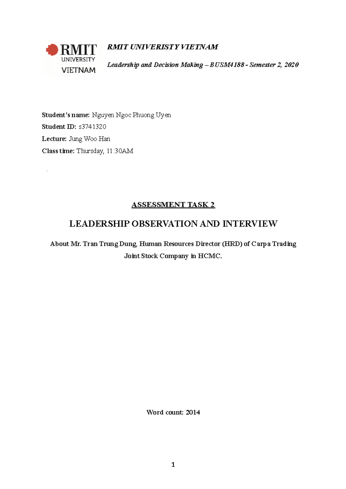 Leadership Assignment 2 - RMIT - RMIT UNIVERISTY VIETNAM Leadership and ...