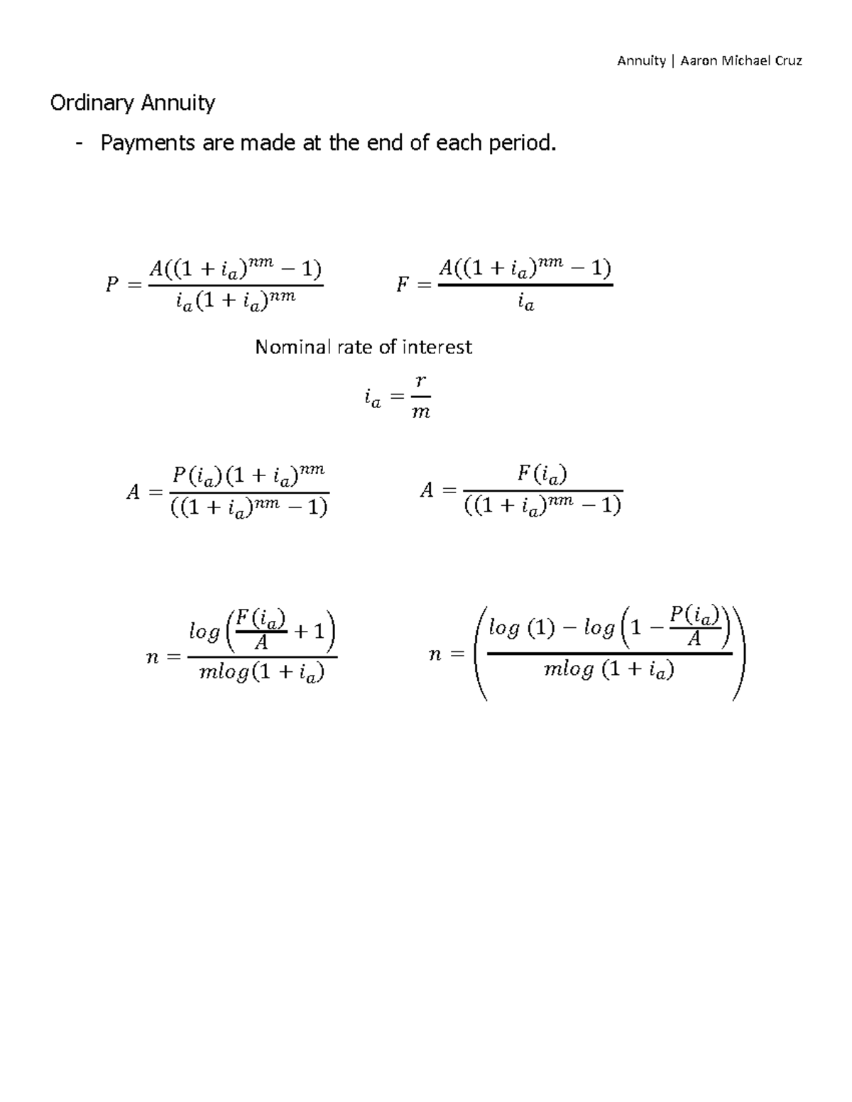 Ordinary Annuity Notes for Finance Course (FIN 101) - Studocu