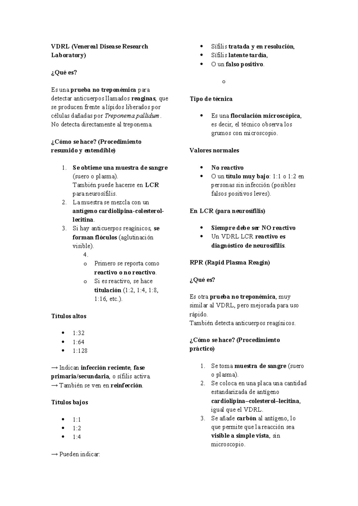 Análisis de VDRL y RPR en Sífilis: Procedimientos y Resultados - Studocu