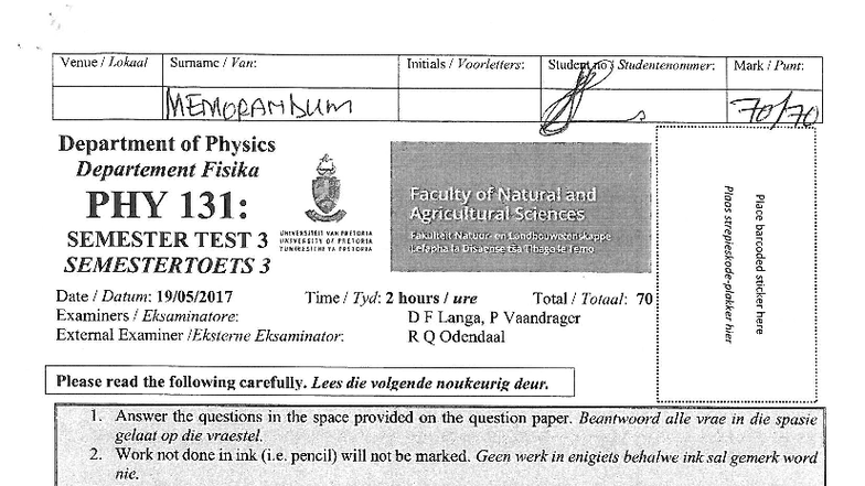 PHY 131: Semester Test 3 2017 - Final Memo and Solutions - Studocu