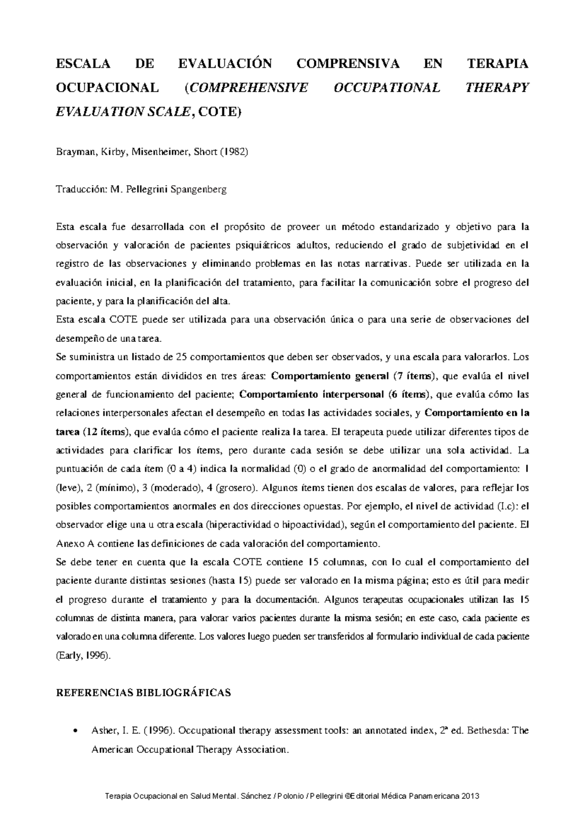 COTE: Escala de Evaluación Comprensiva en Terapia Ocupacional - Studocu