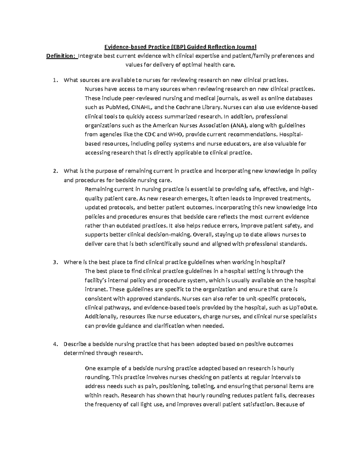 EBP Reflection Journal: Integrating Evidence in Nursing Practice - Studocu