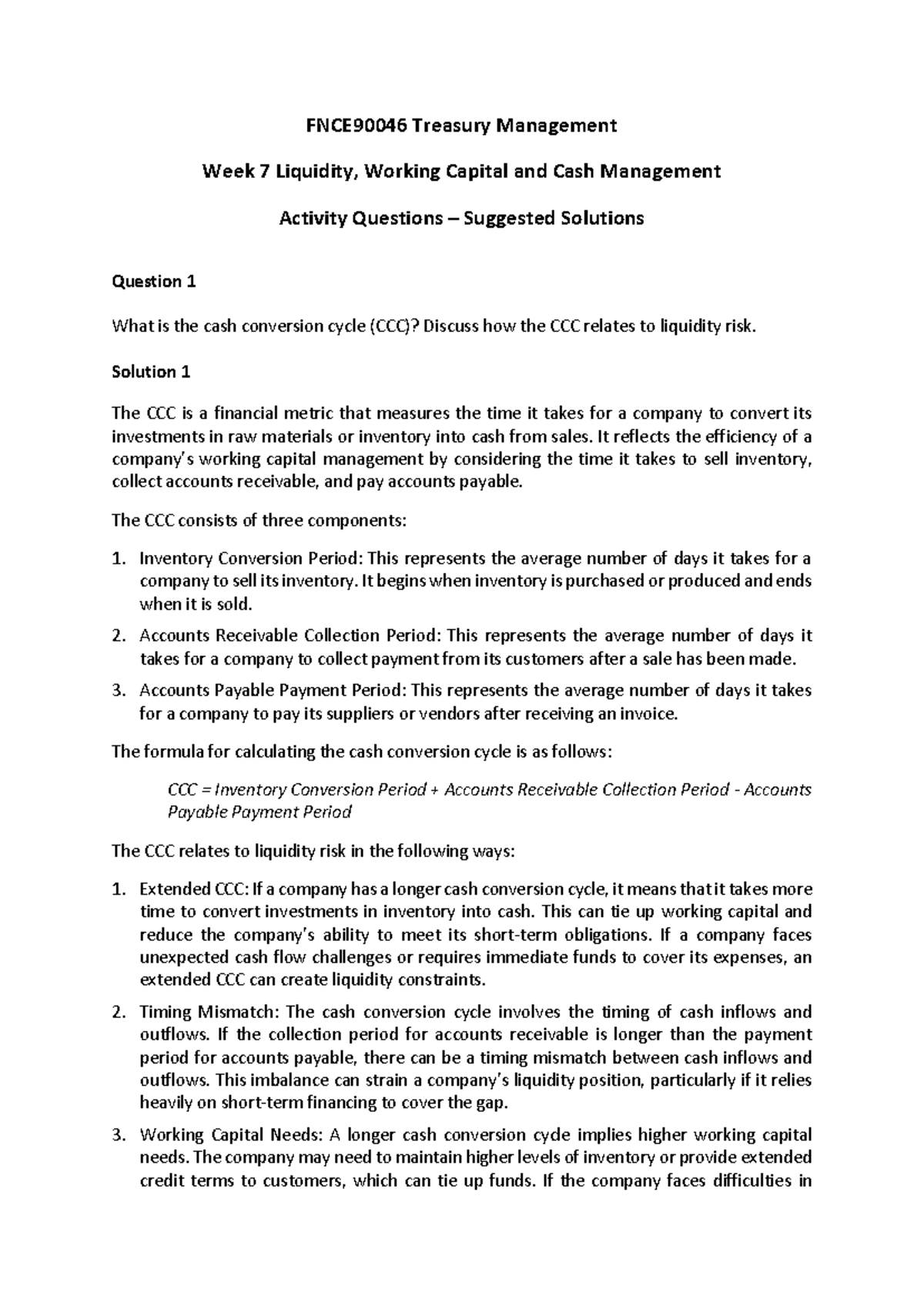 FNCE90046 Treasury Management Week 7 Activity Questions Solutions - Studocu