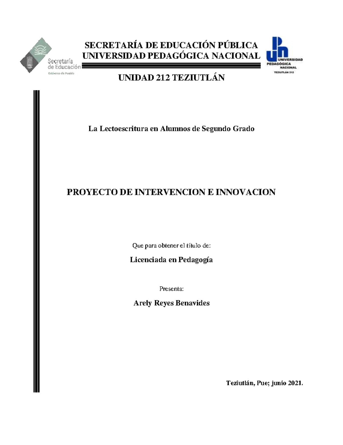 Proyecto de Intervención sobre Lectoescritura en 2° Grado - UPN 212 - Document Preview