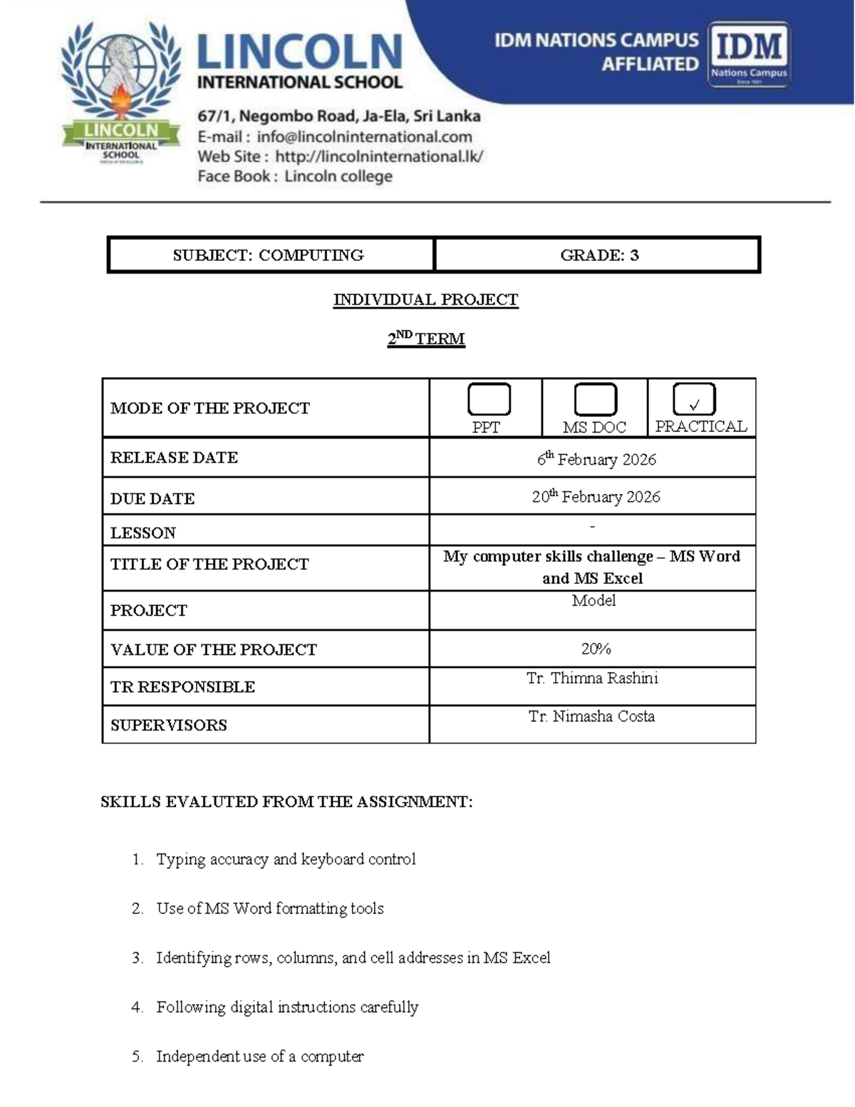 Grade 3 Computing Individual Project: MS Word & Excel Skills - Studocu
