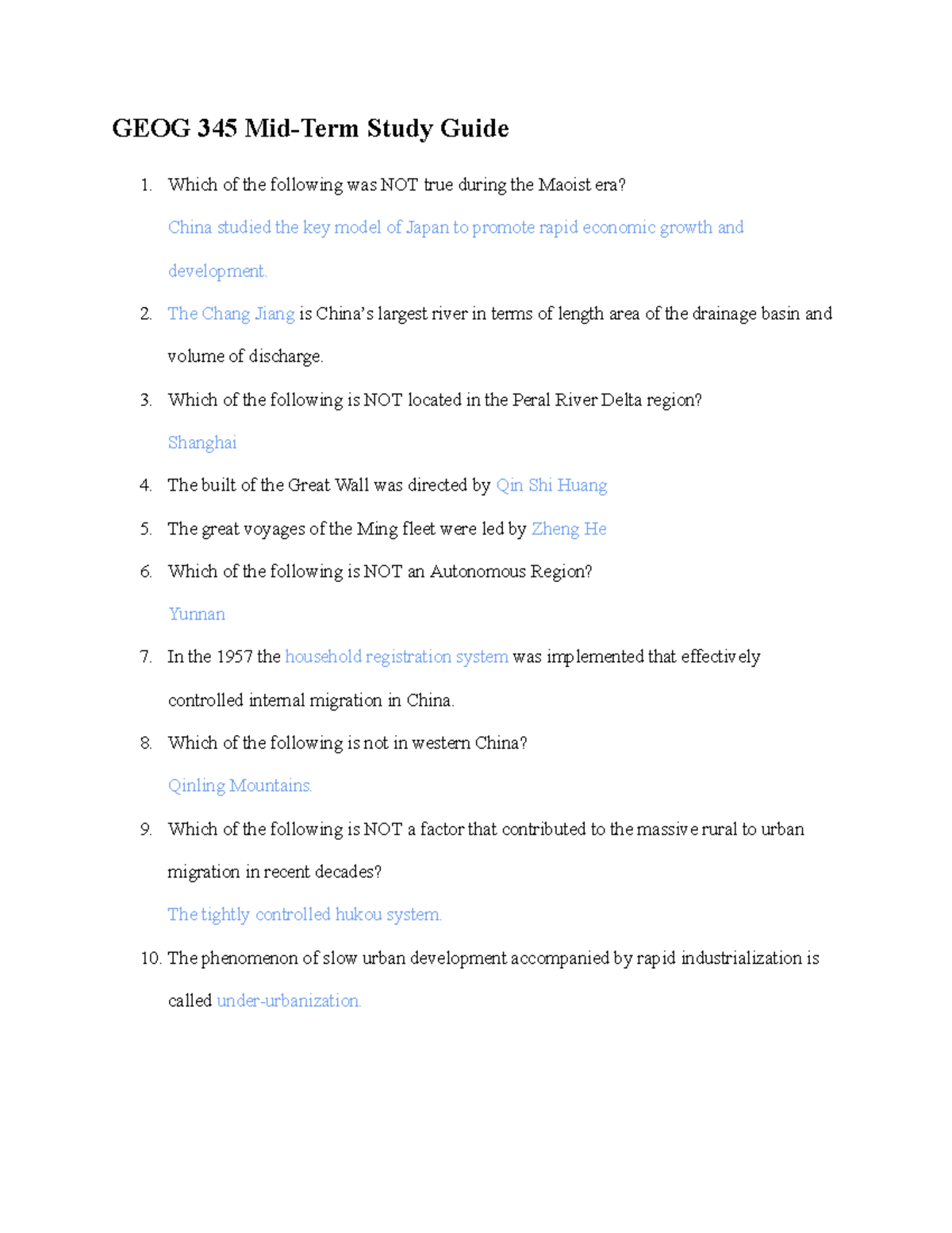GEOG 345 Mid-Term Study Guide: Key Concepts and Questions - Studocu