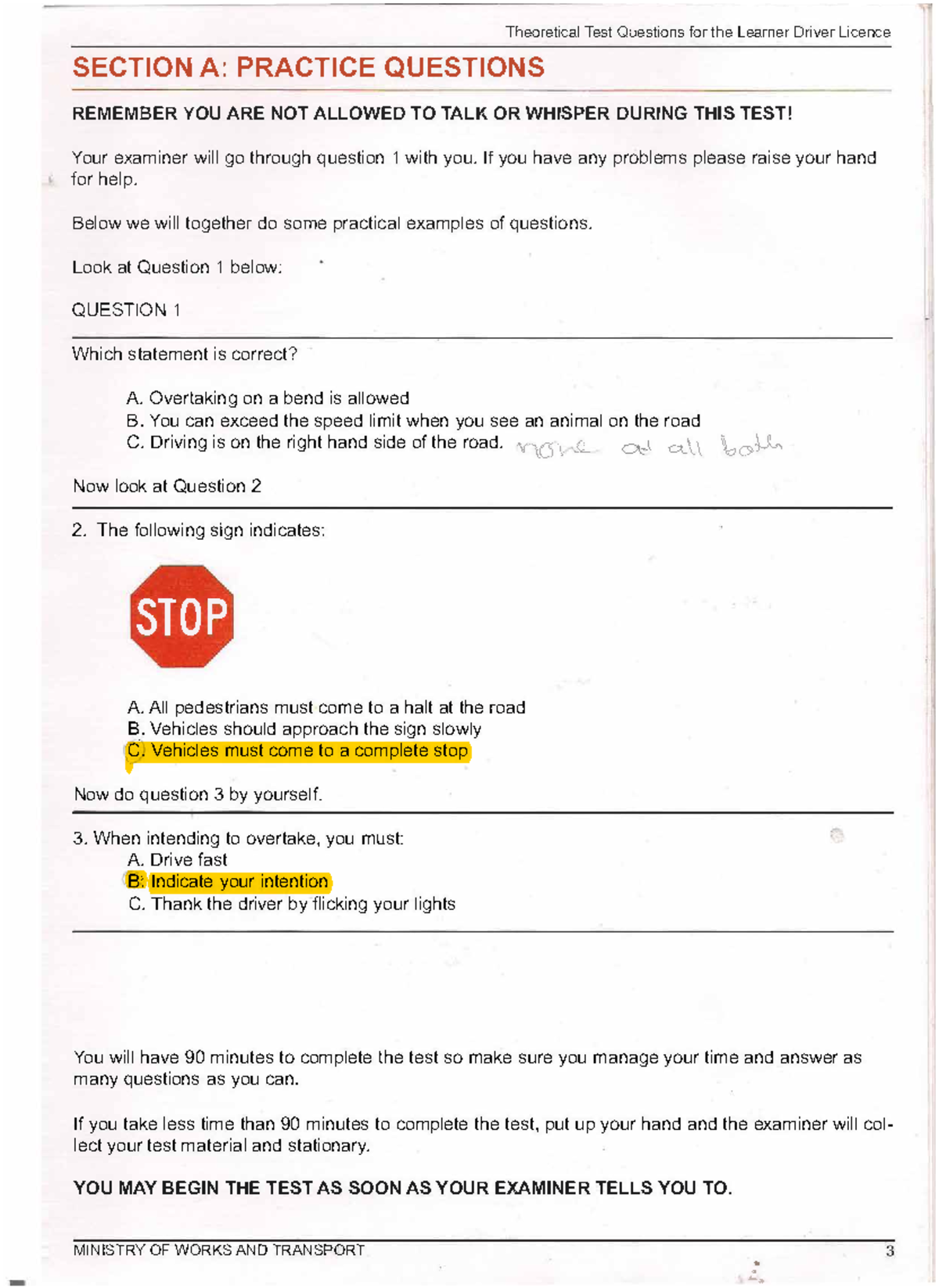 Theoretical Test Questions for Learner Driver Licence - Natis 5 Study ...