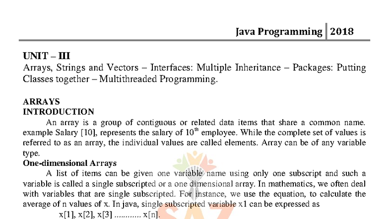 Java Programming 2018: UNIT III - Arrays, Strings, and Vectors - Studocu