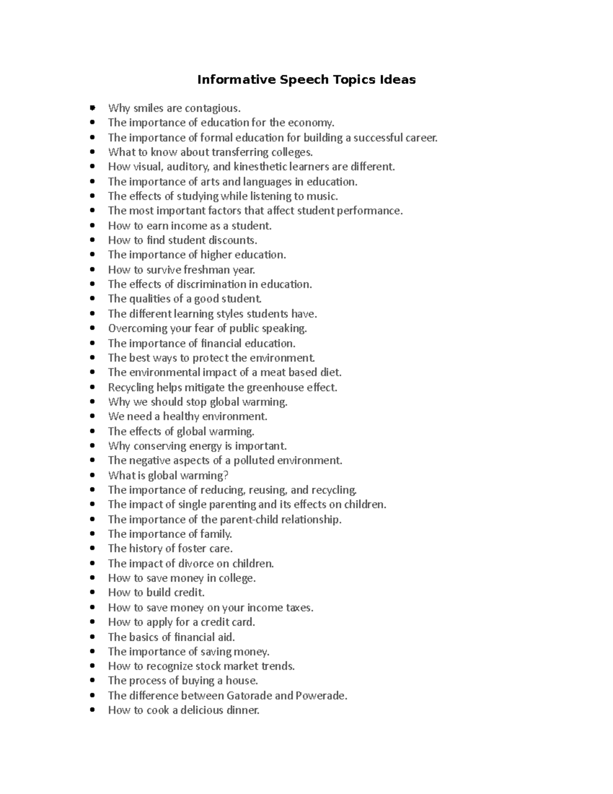 ENG 101: Informative Speech Topics and Ideas for Presentation - Studocu