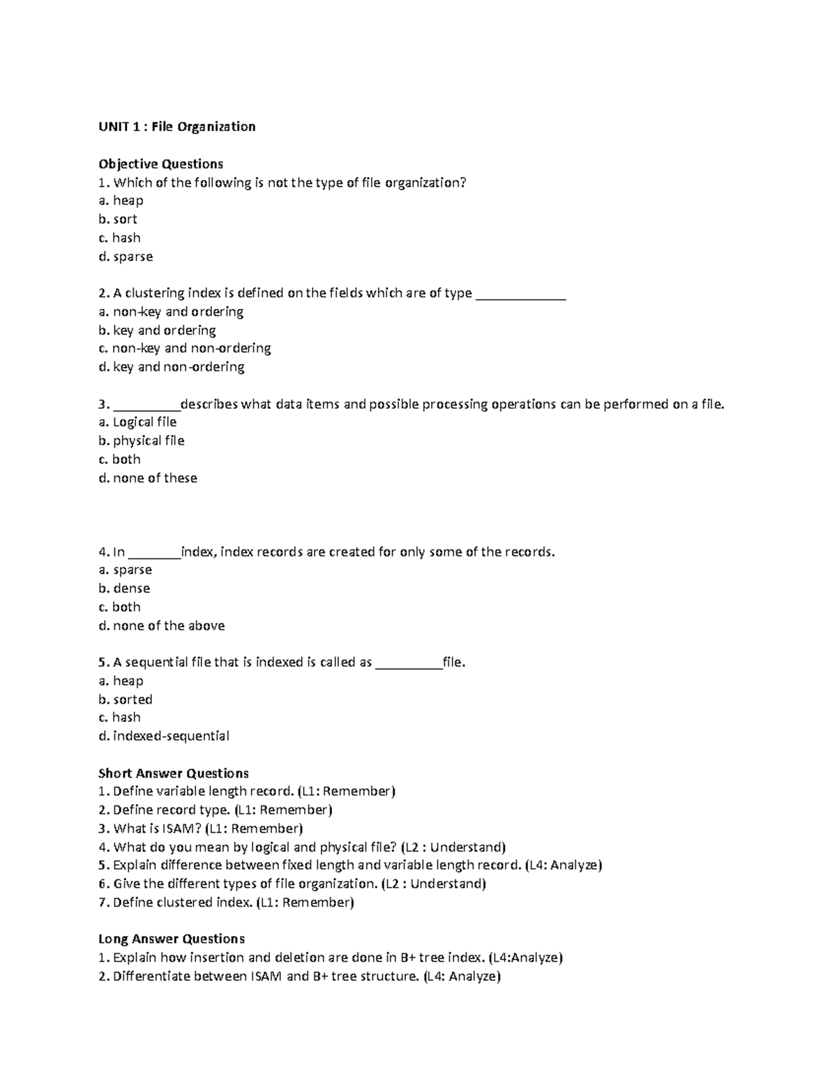 DBMS-1 Question Bank: File Organization, DBMS, ER Models, SQL & Design ...