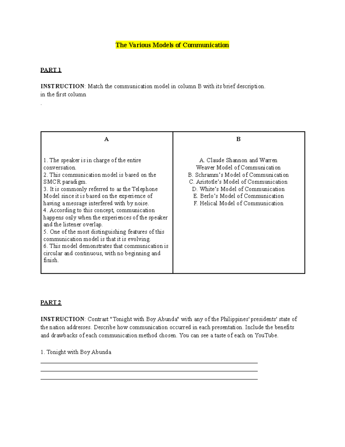 COMM 101: Models of Communication - Descriptions & Comparisons - Studocu