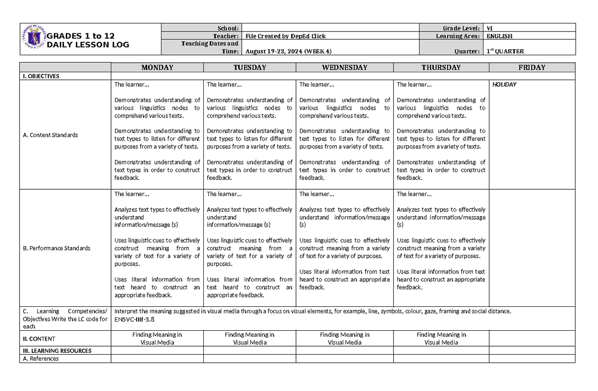 DLL English 6 Q1 W4 - Weekly Lesson Log for Grade VI - Studocu