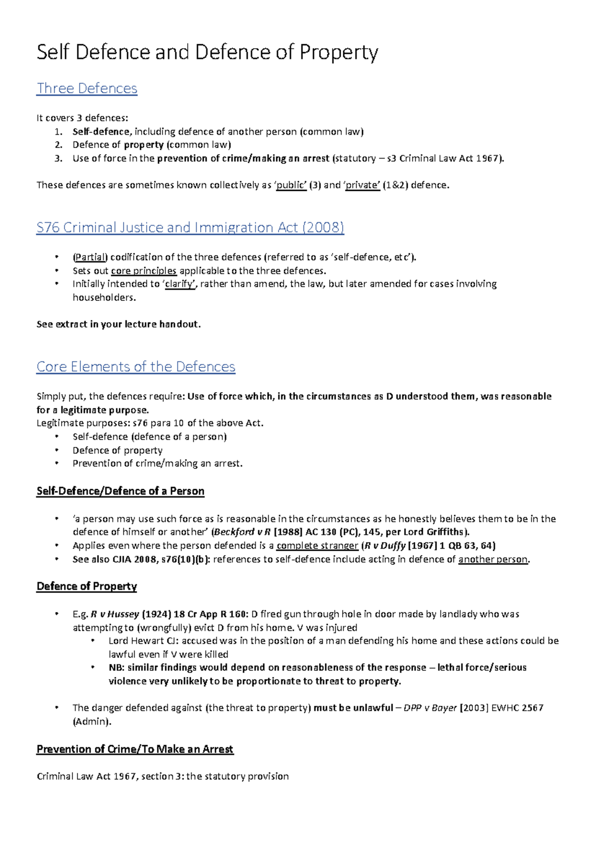 Lecture 14 Criminal Law Notes: Self-Defence & Defense of Property - Studocu