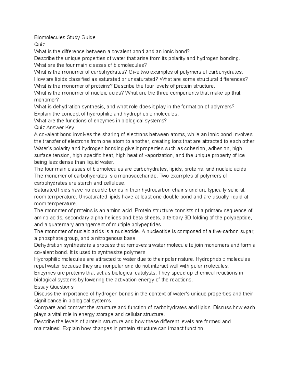 Biomolecules Quiz Study Guide and Key (Course Code: BIO101) - Studocu