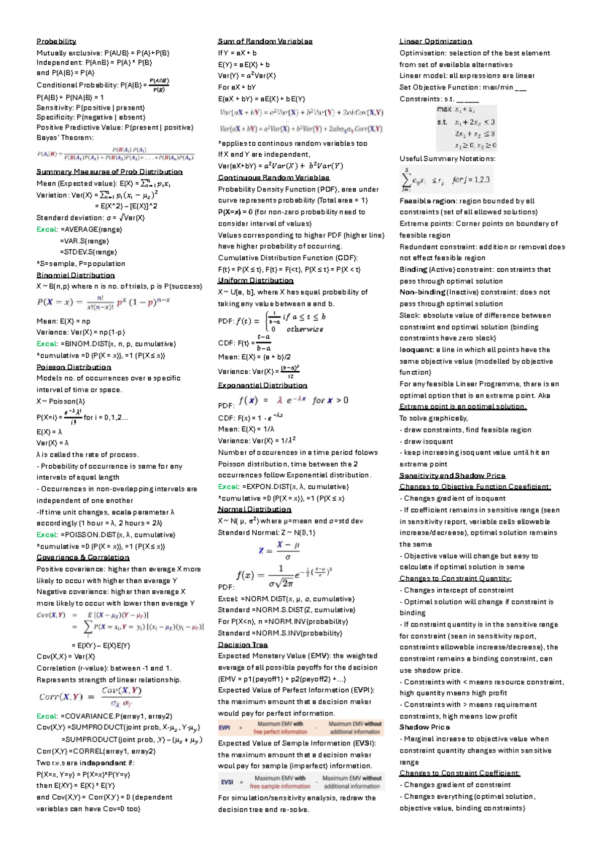 DAO1704 Probability and Decision Analysis Cheat Sheet - Studocu