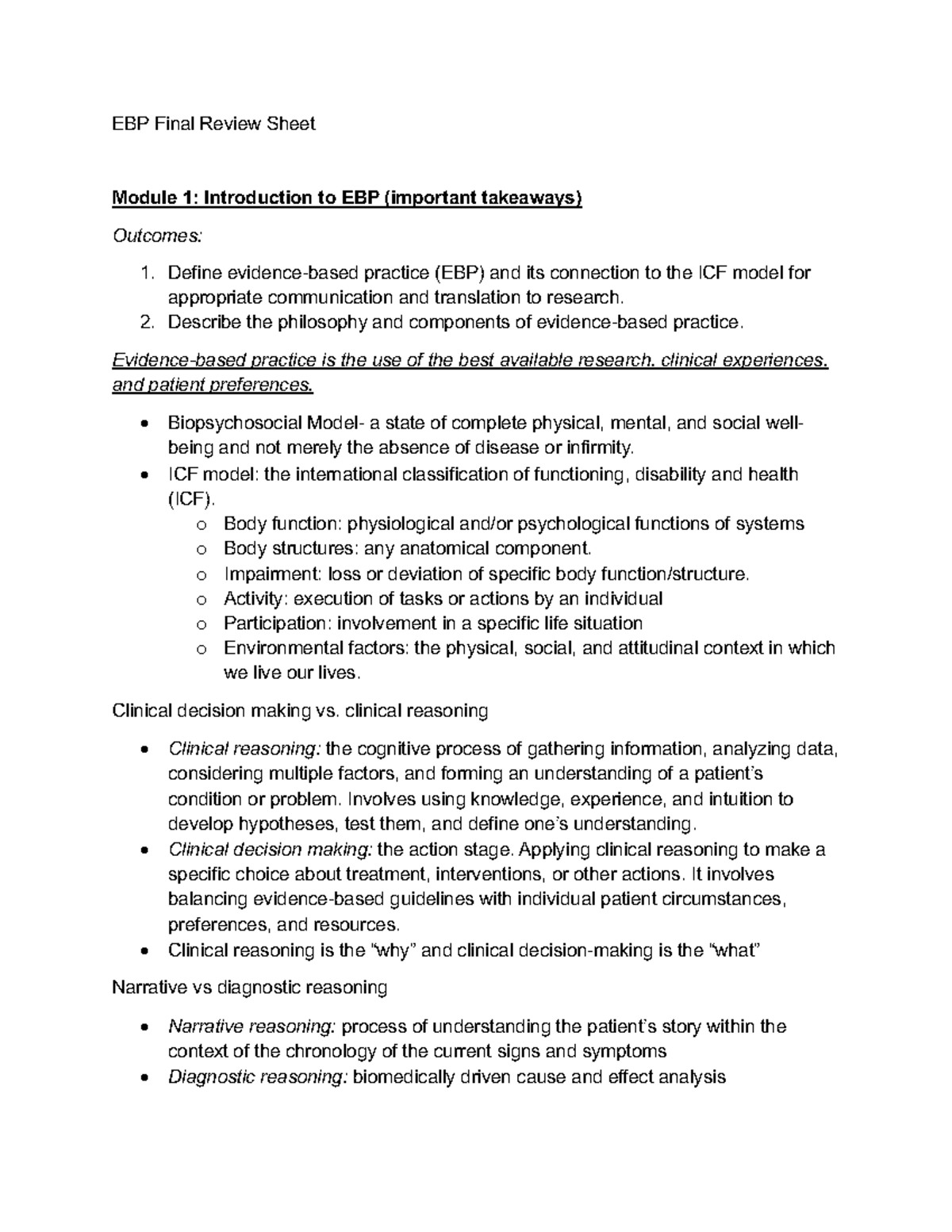Evidence-Based Practice (EBP) Final Review: Key Concepts & Methods ...