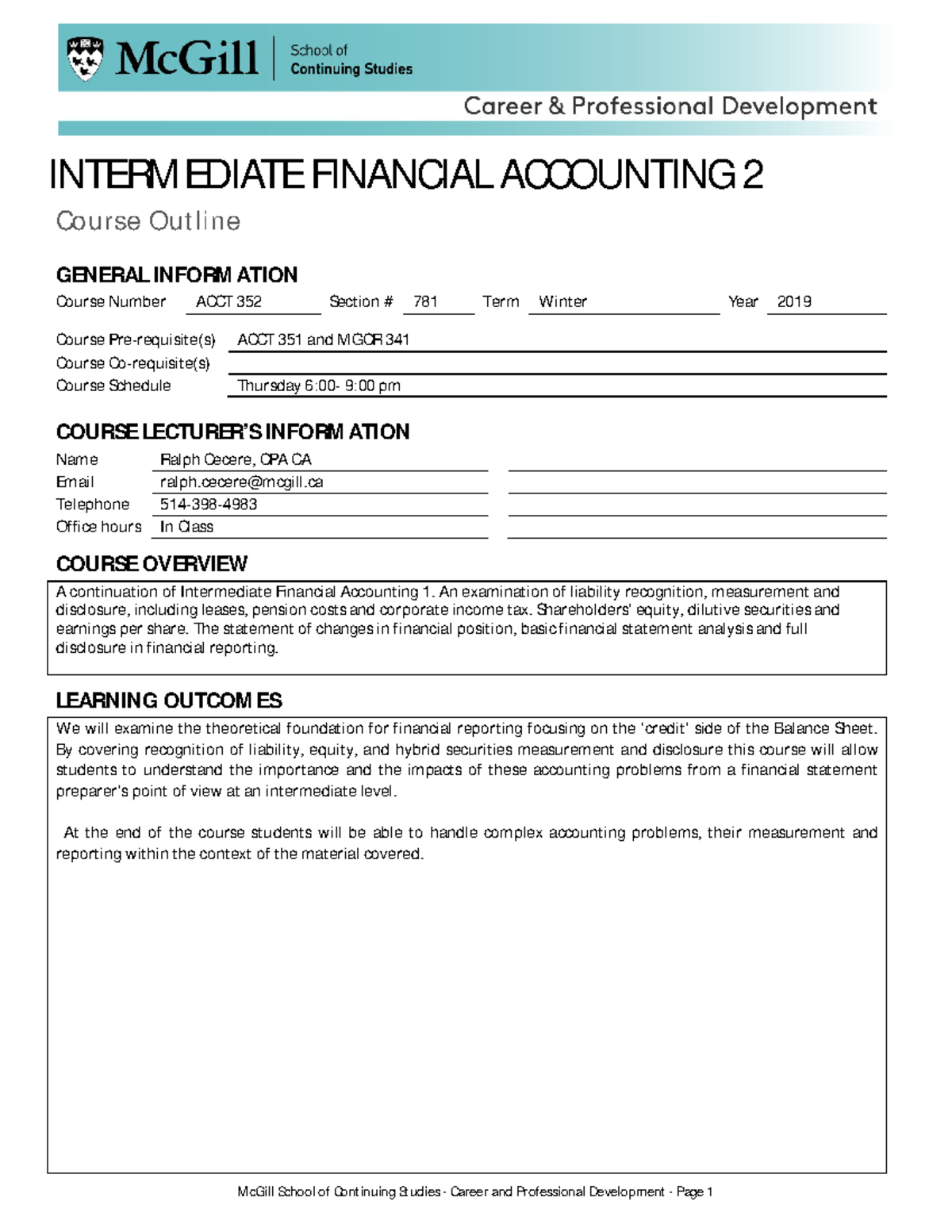ACCT 352: Intermediate Financial Accounting 2 Course Outline - Winter ...