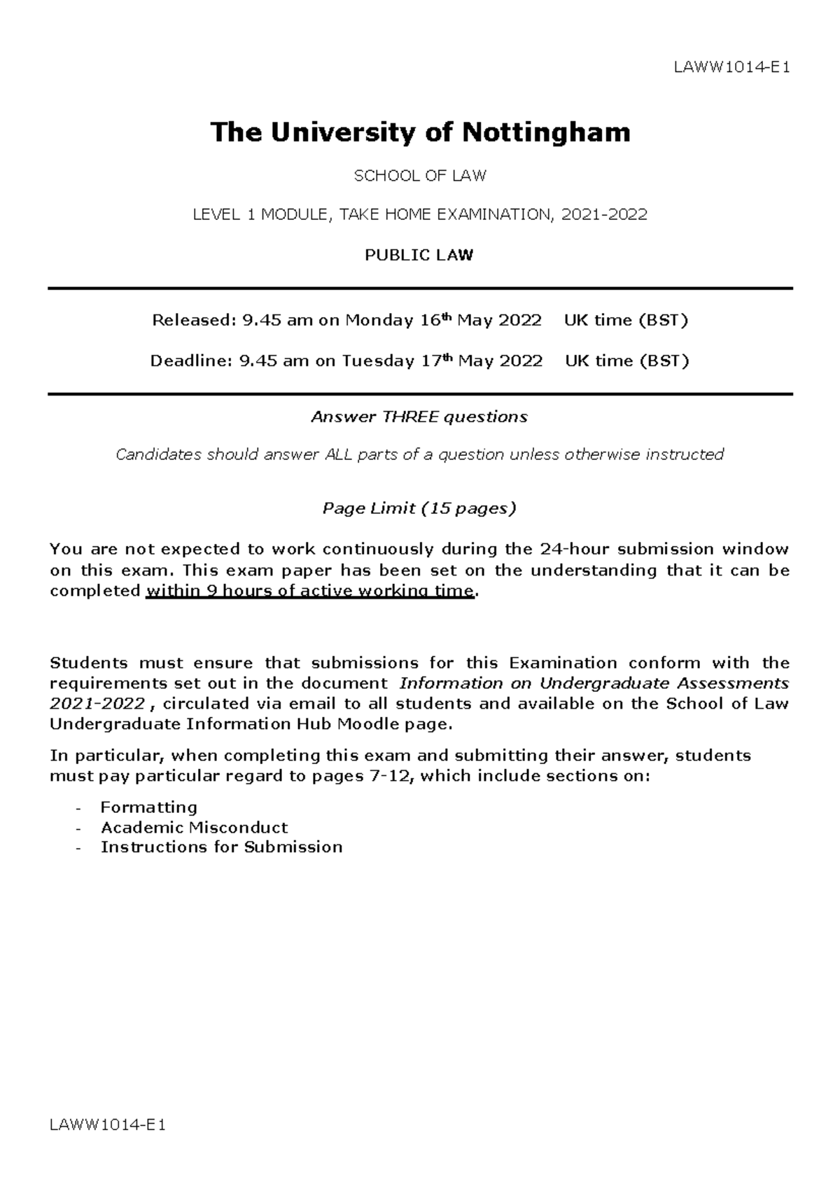 LAWW1014 2022 Take Home Exam Paper: Public Law Analysis and Discussion ...