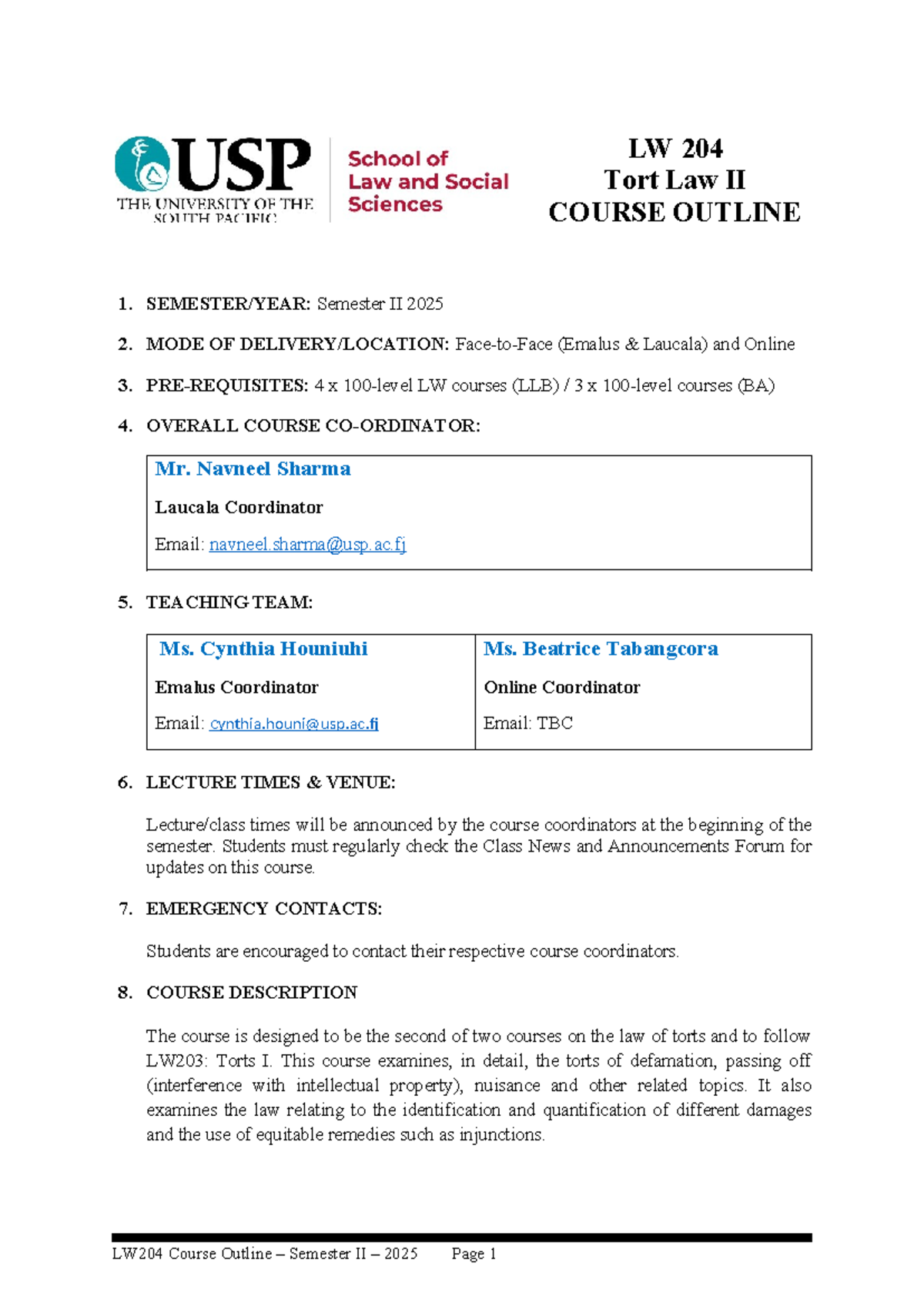 LW204 Tort Law II Course Outline - Semester II 2025 - Studocu