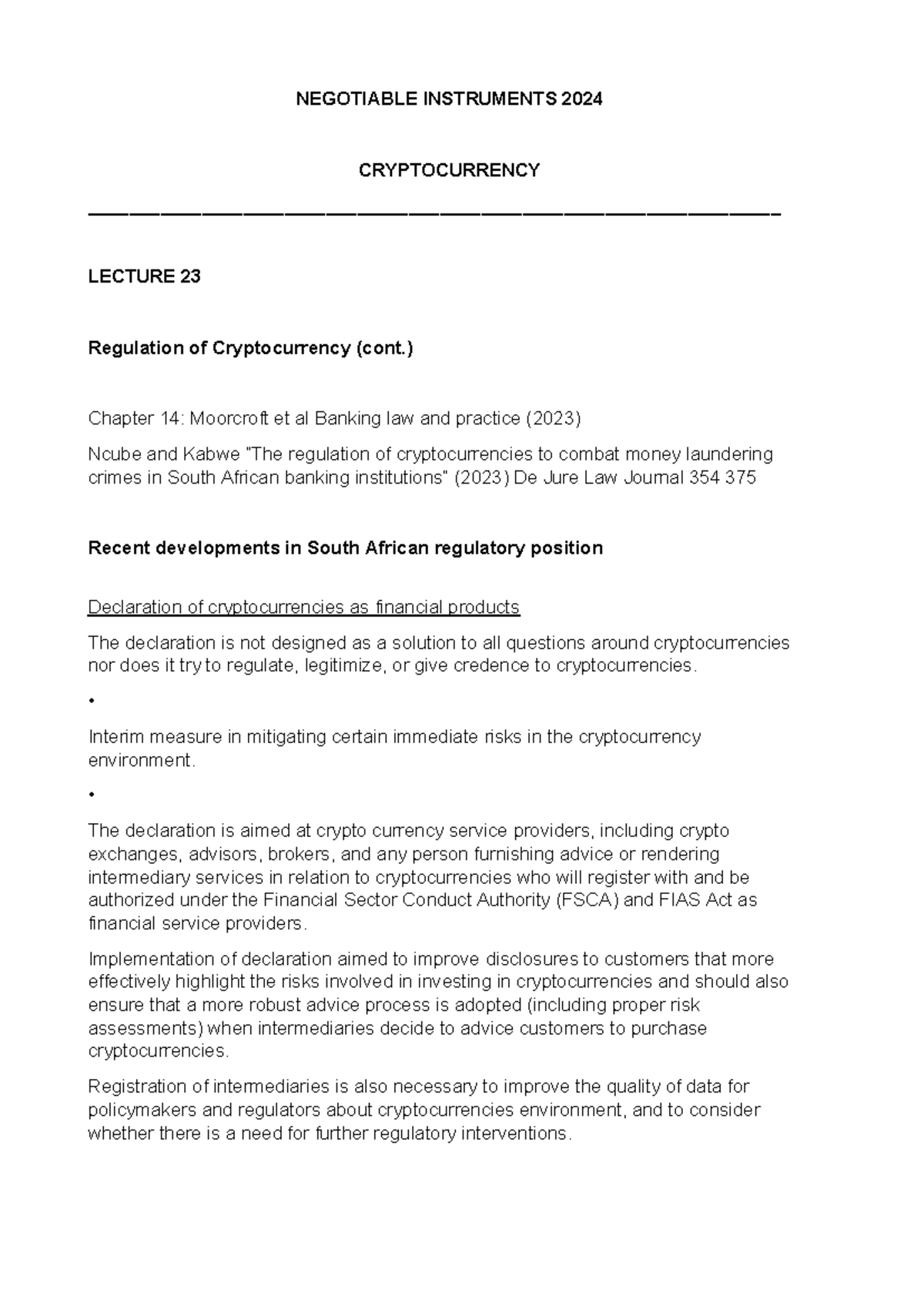 2024 - Lecture Notes 23 - Regulation of Cryptocurrency and Compliance -  Studocu