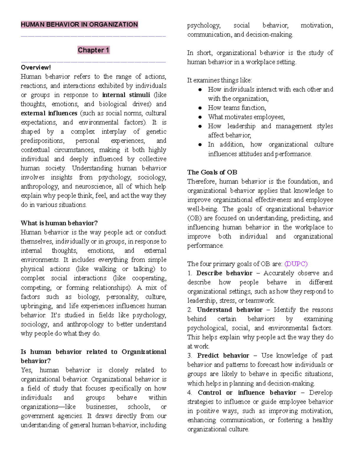 HUMAN BEHAVIOR IN ORGANIZATION: Chapters 1 & 2 Overview - Studocu