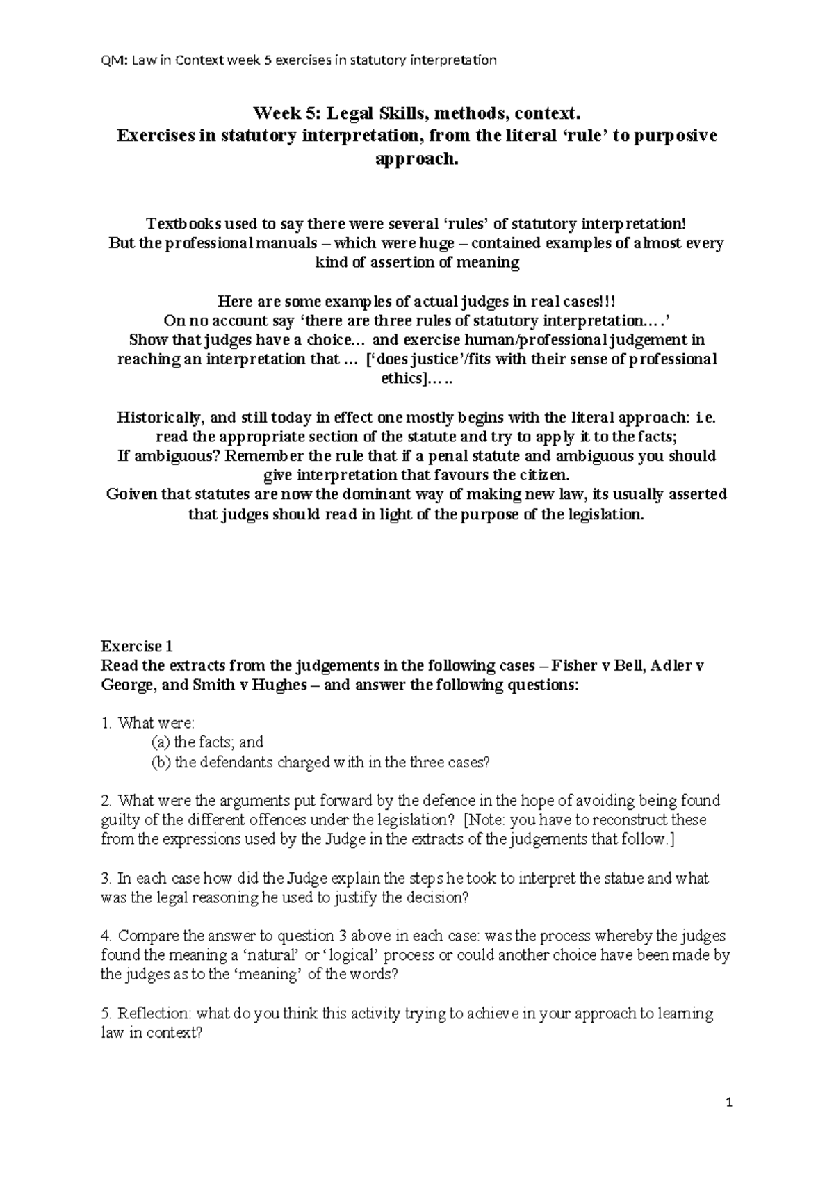 Statutory Interpretation Exercises: Week 5 Legal Skills (LS 101) - Studocu