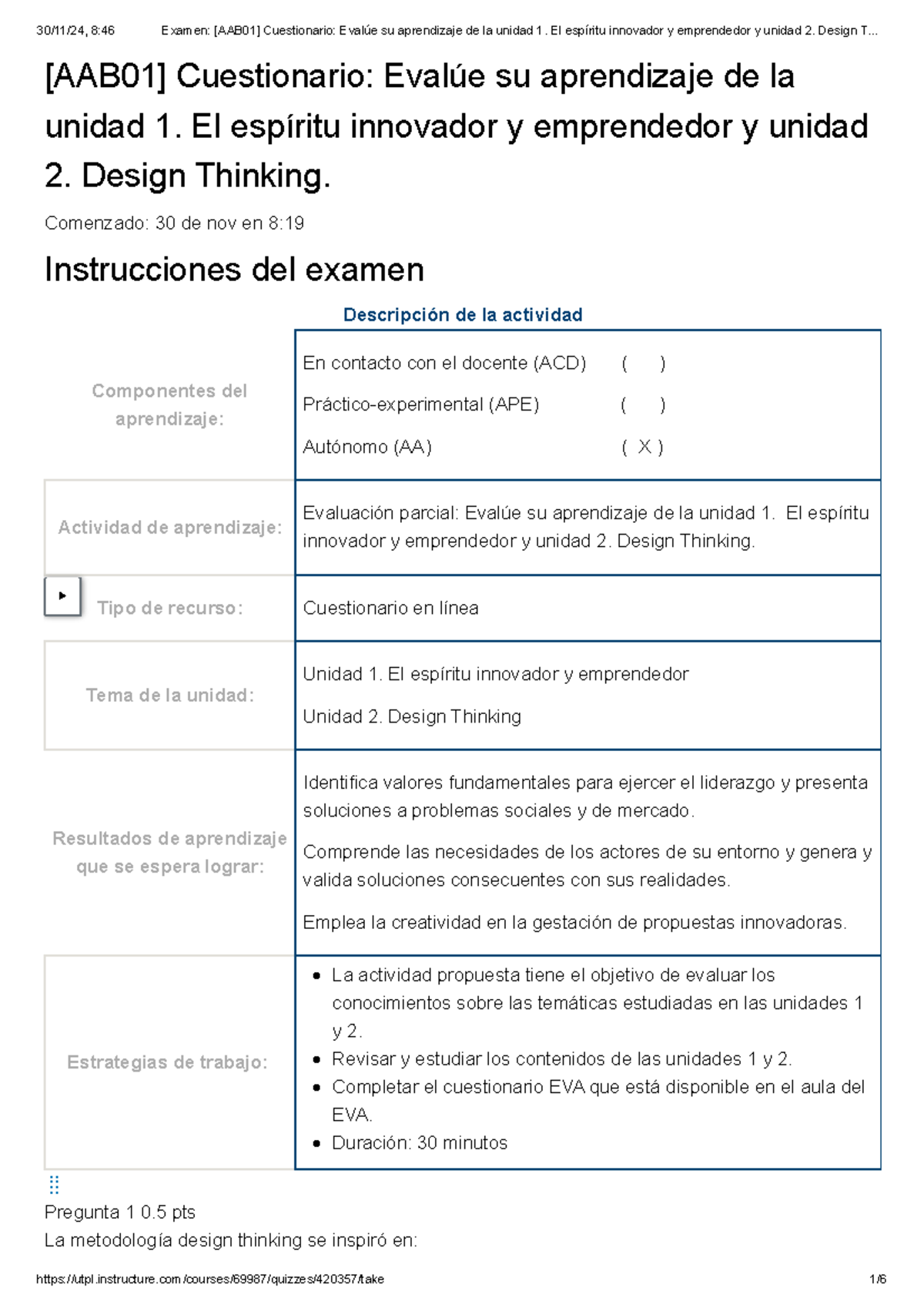 Examen Aab Cuestionario Eval E Su Aprendizaje De La Unidad El