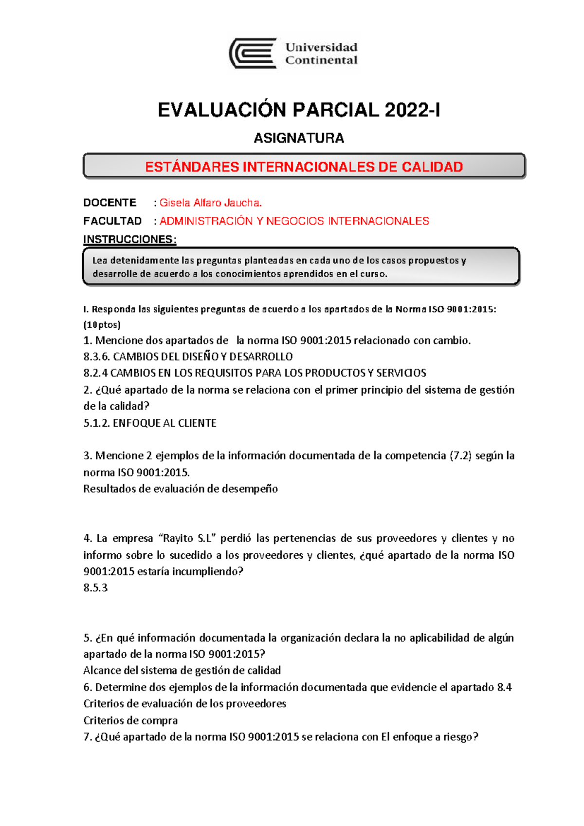 EVALUACIÓN PARCIAL ISO 9001:2015 - ESTÁNDARES INTERNACIONALES DE ...