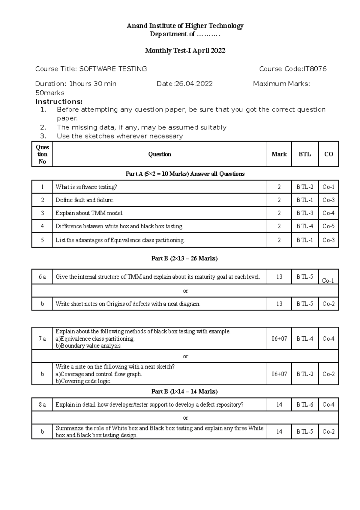 SOFTWARE TESTING Monthly Test-I April 2022 - Question Paper Format IT ...