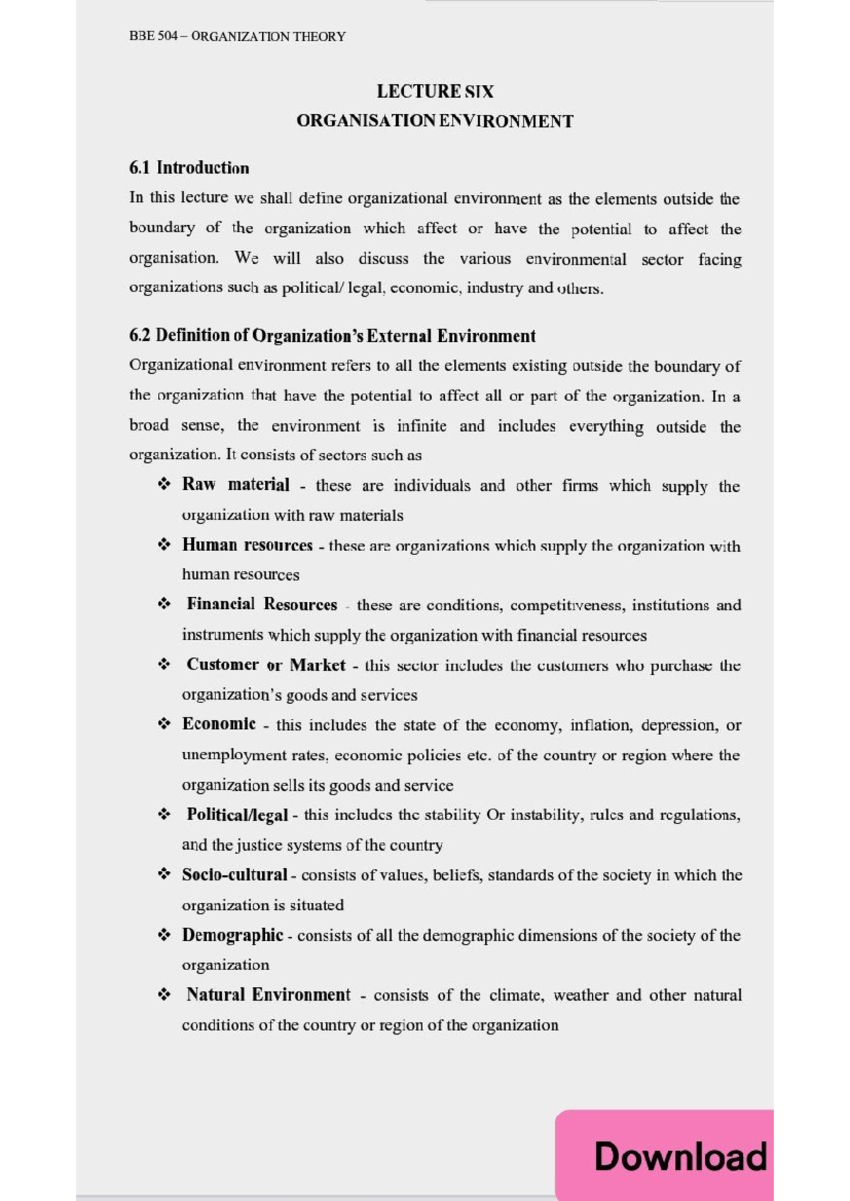 BBE 504 Organization Theory: Lecture 6 - Understanding Organizational ...
