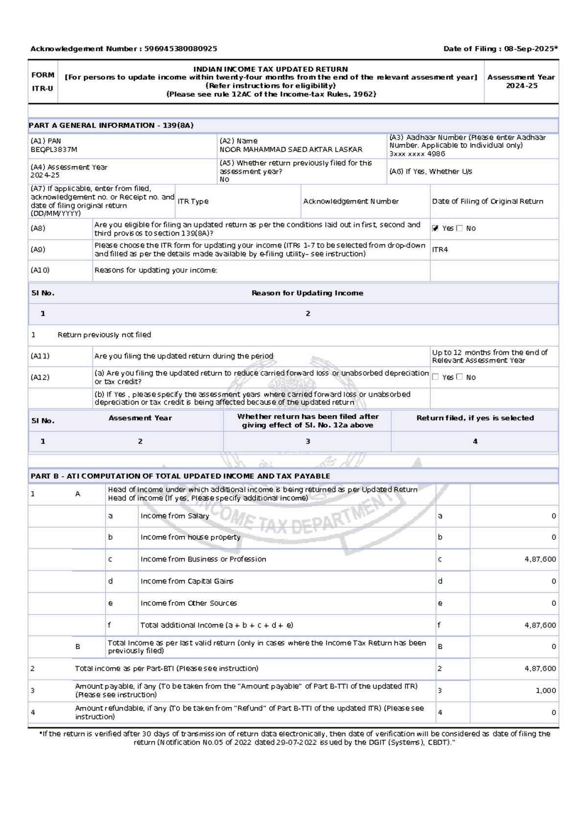 Updated Income Tax Return Filing - AY 2023-24 - Form 596945380080925 ...