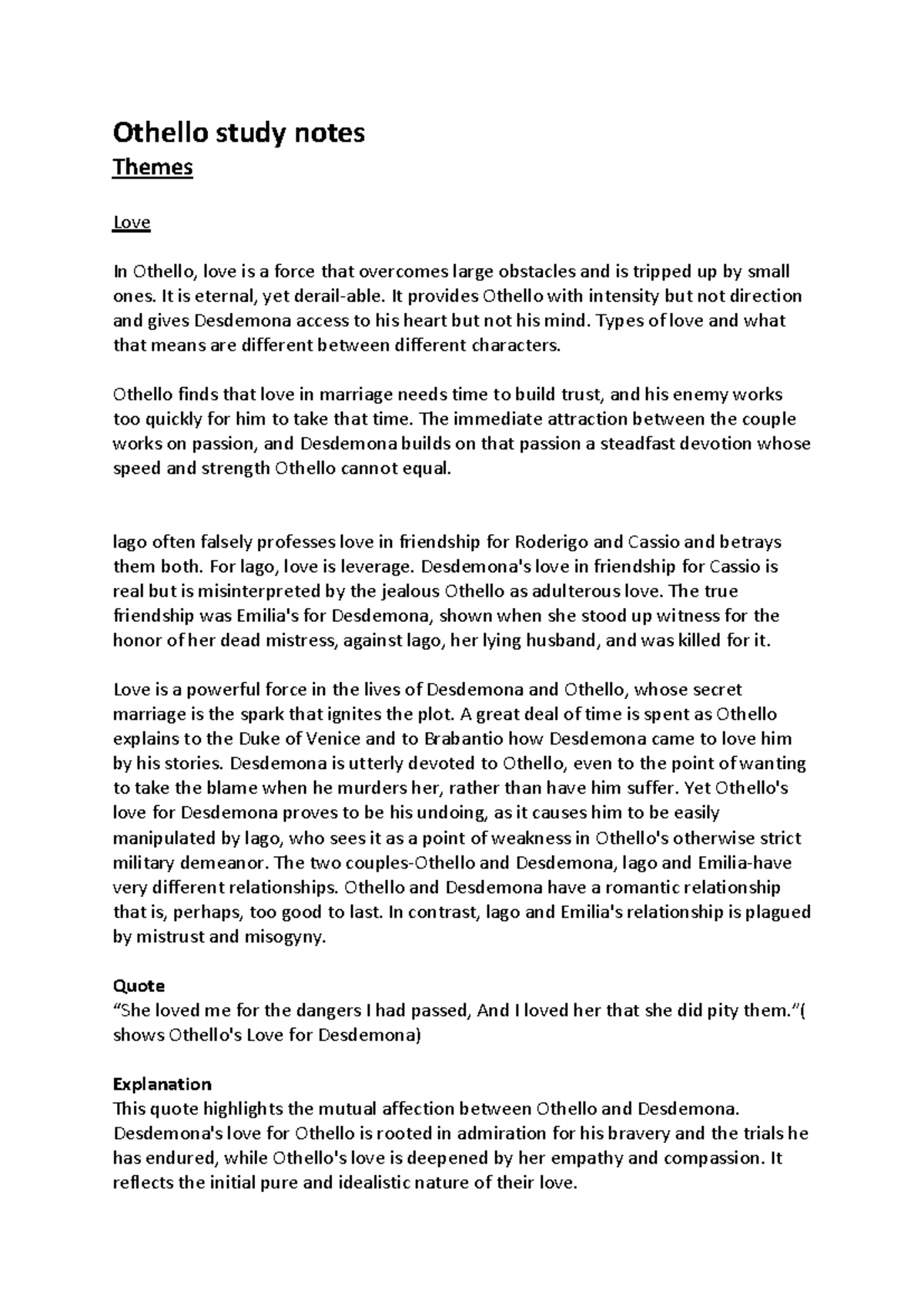 ENG 201 Othello Final Exam Study Notes: Themes of Love, Jealousy ...