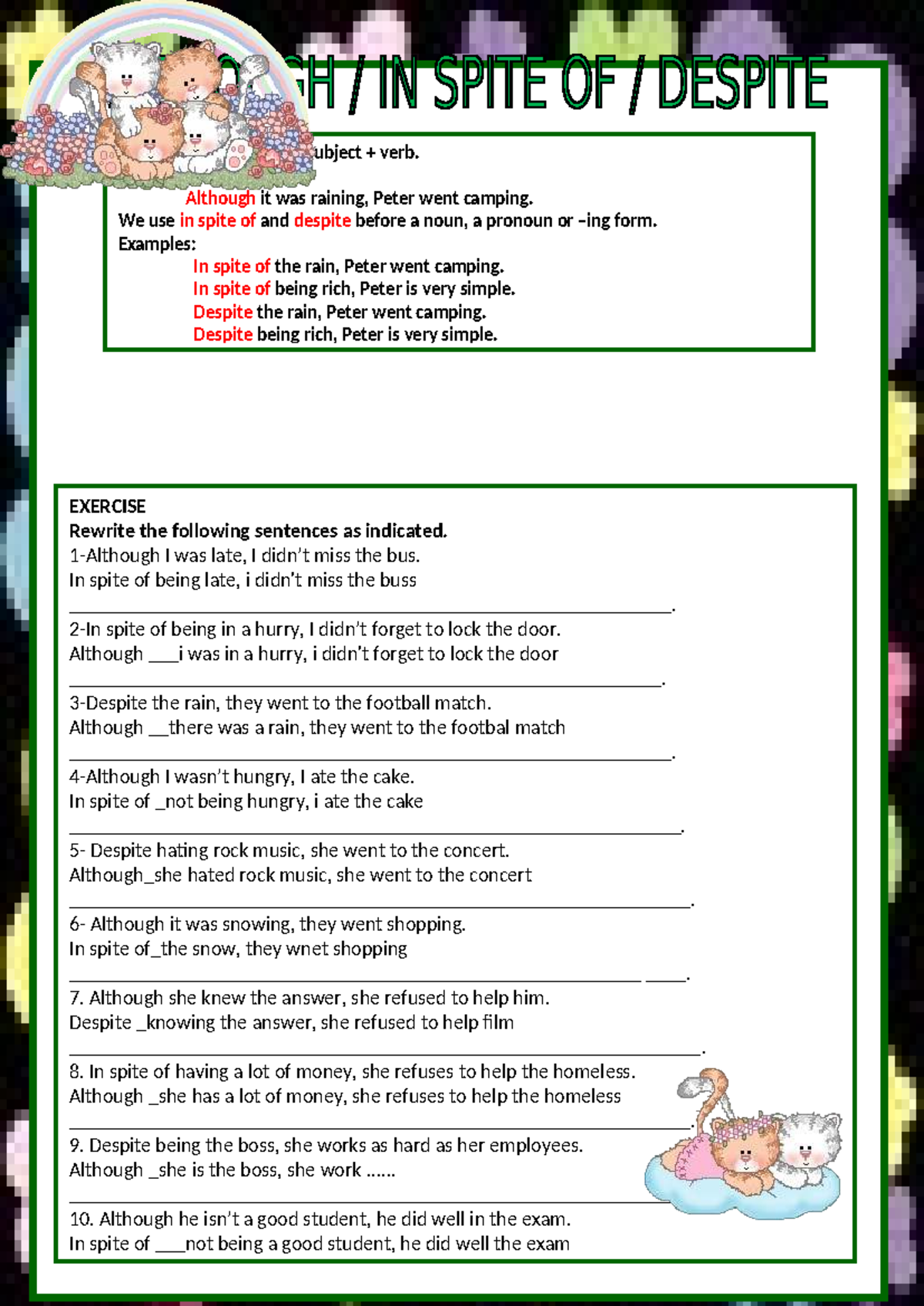 ENG101: Although vs. In Spite Of - Grammar Exercises and Examples - Studocu