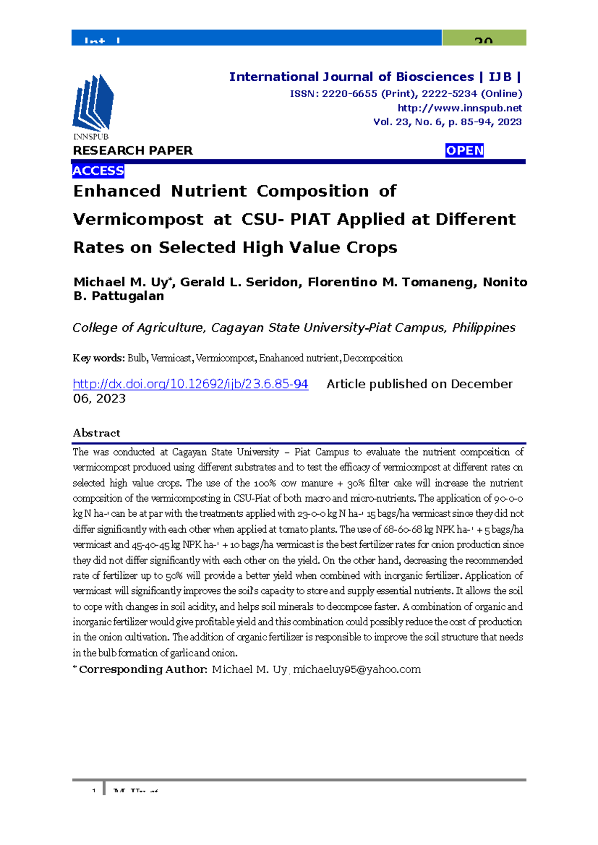 Enhanced Nutrient Composition of Vermicompost for High-Value Crops (IJB ...