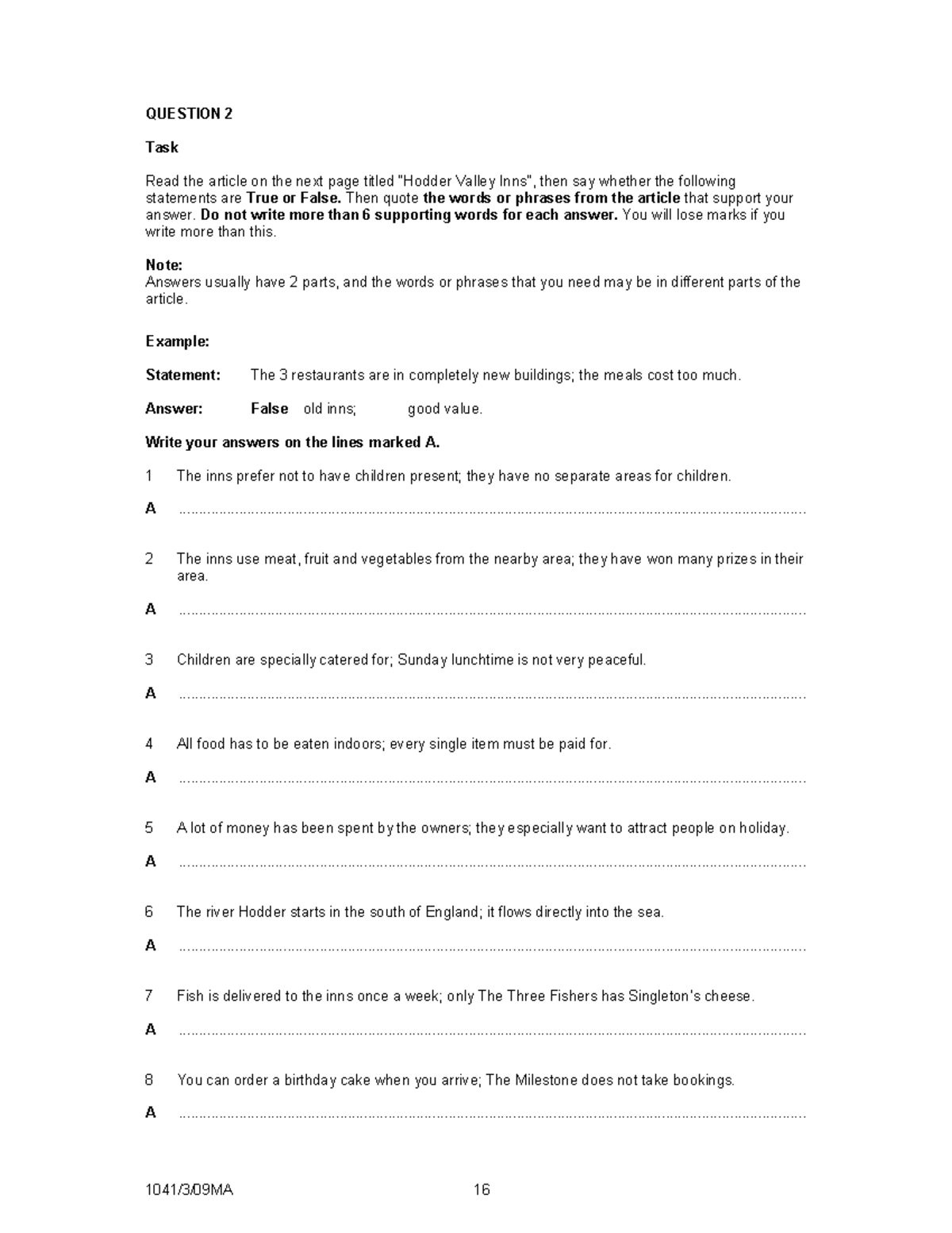 HODDER VALLEY INNS: True or False Statements Analysis - Studocu