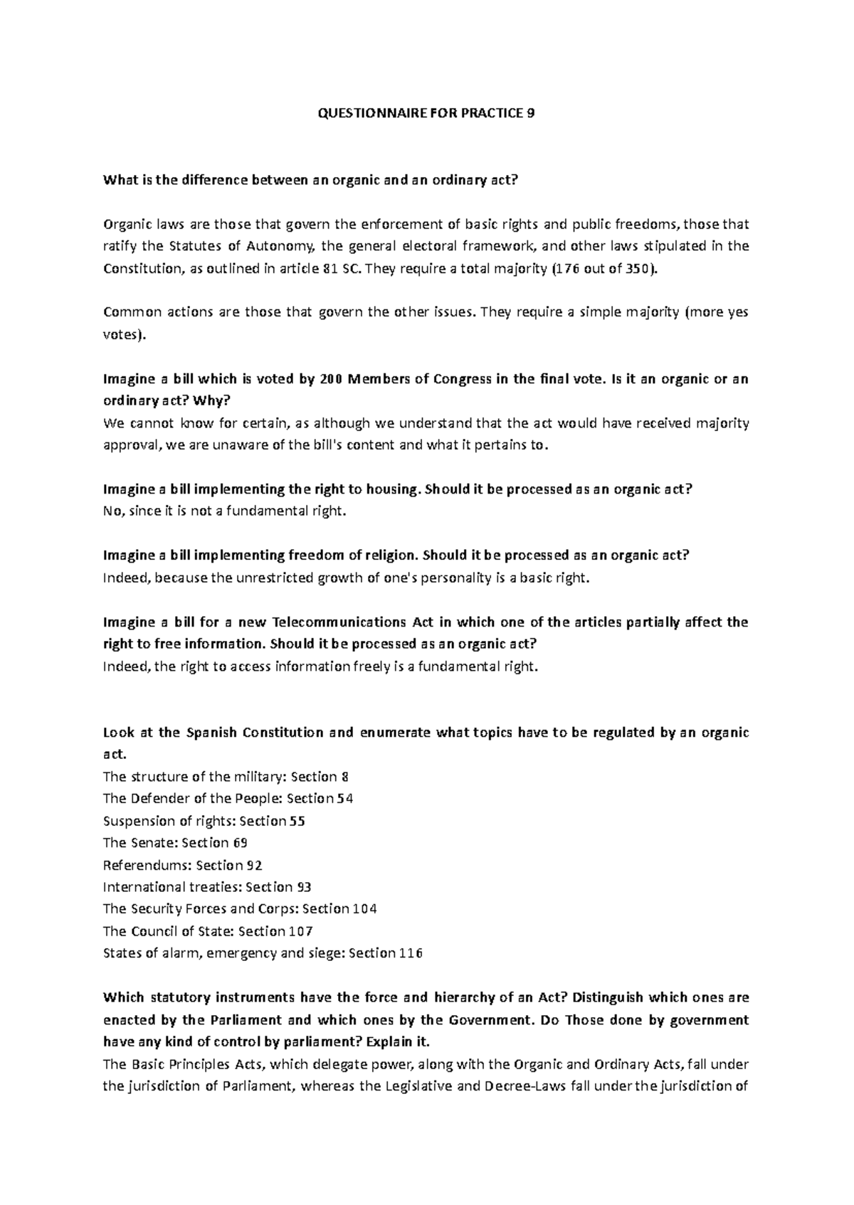 Questionnaire for Practice 9: Organic vs. Ordinary Acts Explained - Studocu