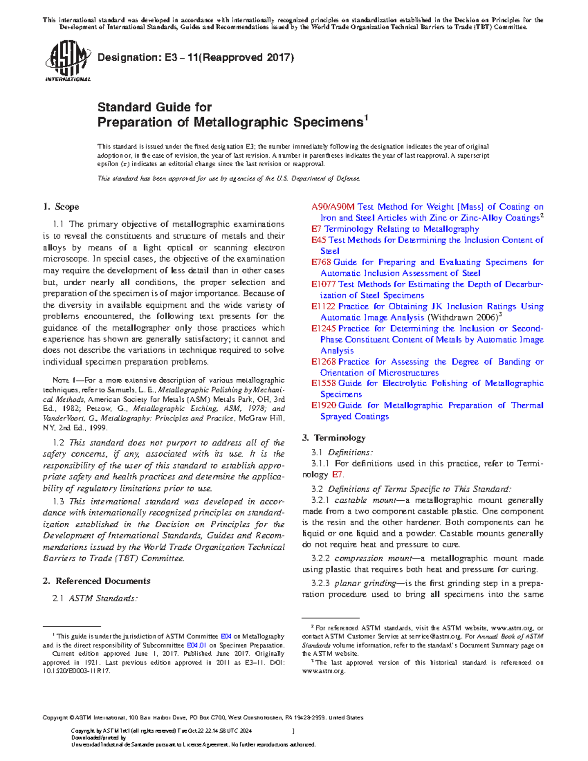 E3 11(2017) Standard Guide for Metallographic Specimen Preparation ...