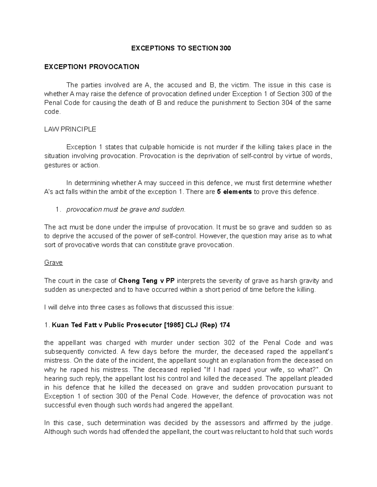 Section 300 Exceptions: Provocation, Public Servant, and Sudden Fight ...