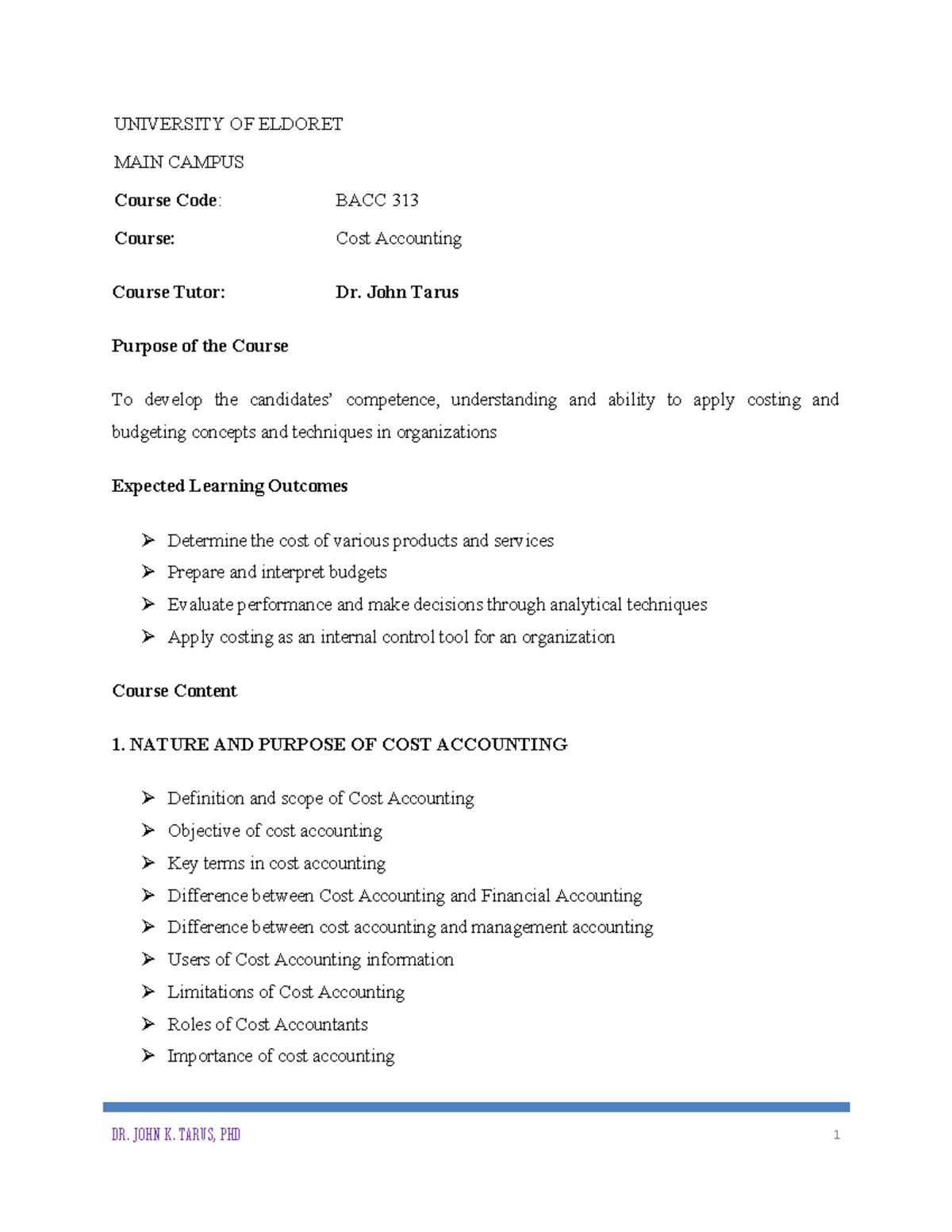 BACC 313 - Comprehensive Cost Accounting Study Notes - Studocu